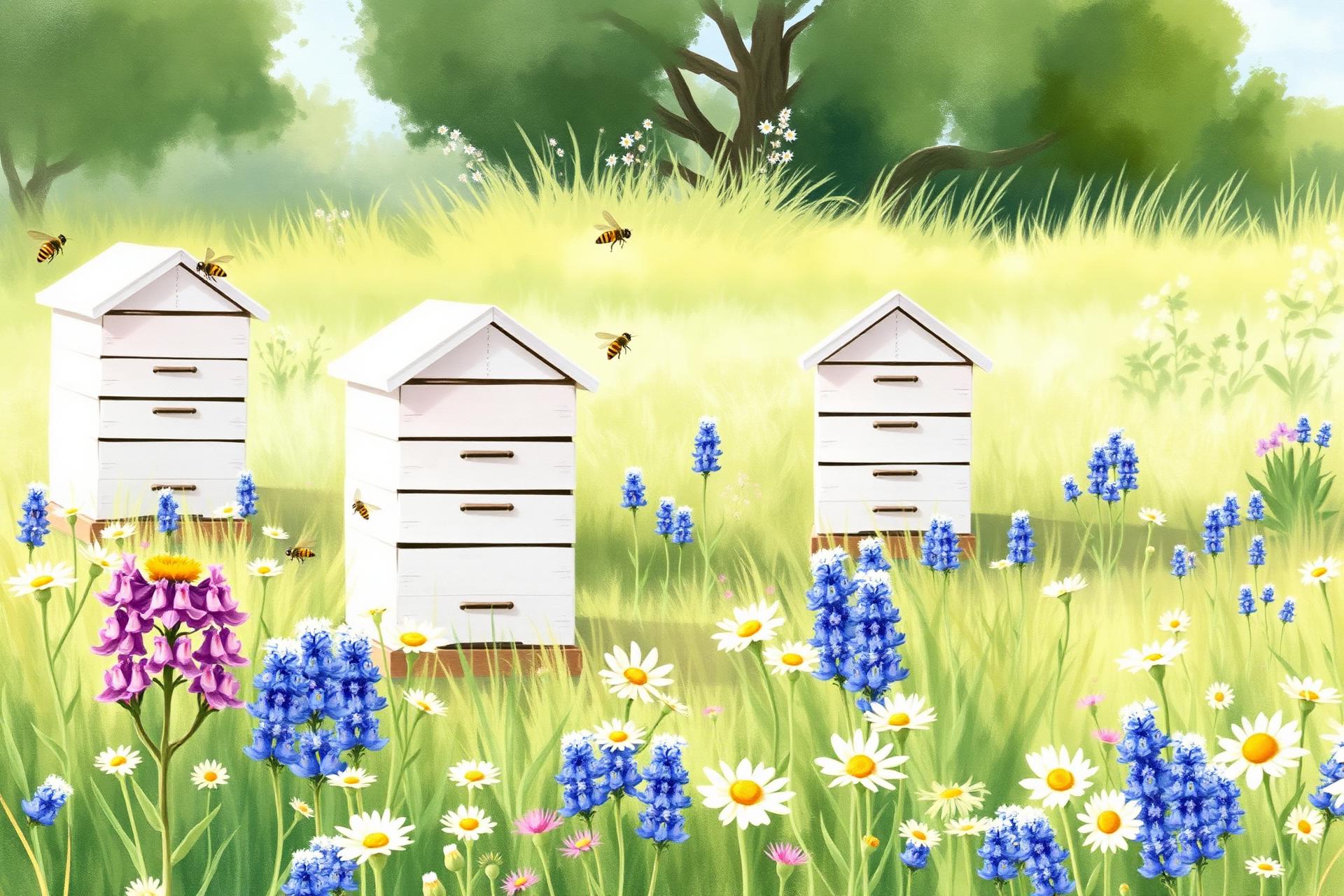 Pastel beehives in a wildflower meadow
